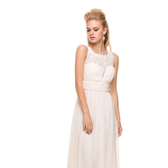 NEW LONG SLEEVELESS A-LINE DRESS EMBROIDERED WITH FLORAL LACE NECKLINE NX 7126 - Picture 1 of 8